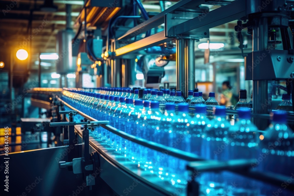 Fototapeta premium Process of beverage manufacturing on a conveyor belt at a factory.