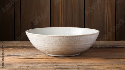Unadorned white ceramic bowl on a wooden surface AI generated illustration