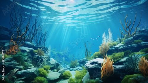 Fototapeta Naklejka Na Ścianę i Meble -  Undersea currents gently moving kelp in a coral reef  AI generated illustration