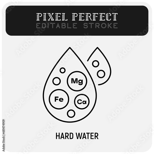 Hard water thin line icon. Water drop with minerals. Editable stroke. Vector illustration.