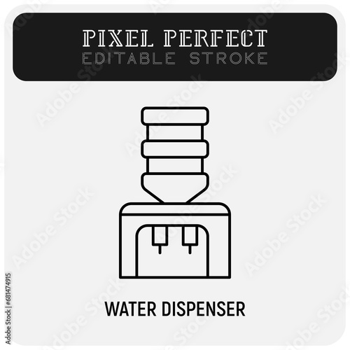 Water dispenser, cooler thin line icon. Purified water for office. Editable stroke. Vector illustration.