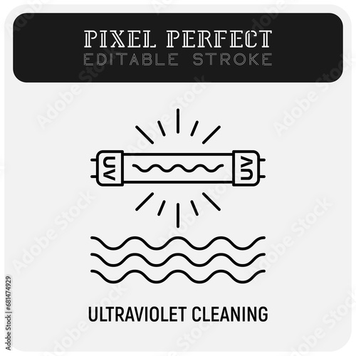 Ultraviolet cleaning of water thin line icon. Disinfection. Editable stroke. Vector illustration. photo