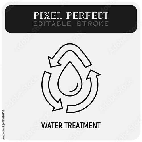 Water treatment, water drop in arrows, purification, filtration thin line icon. Editable stroke. Vector illustration.