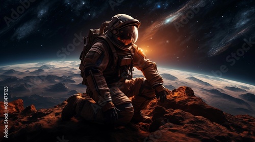 Astronaute regarde l'horizon depuis la planète mars  photo