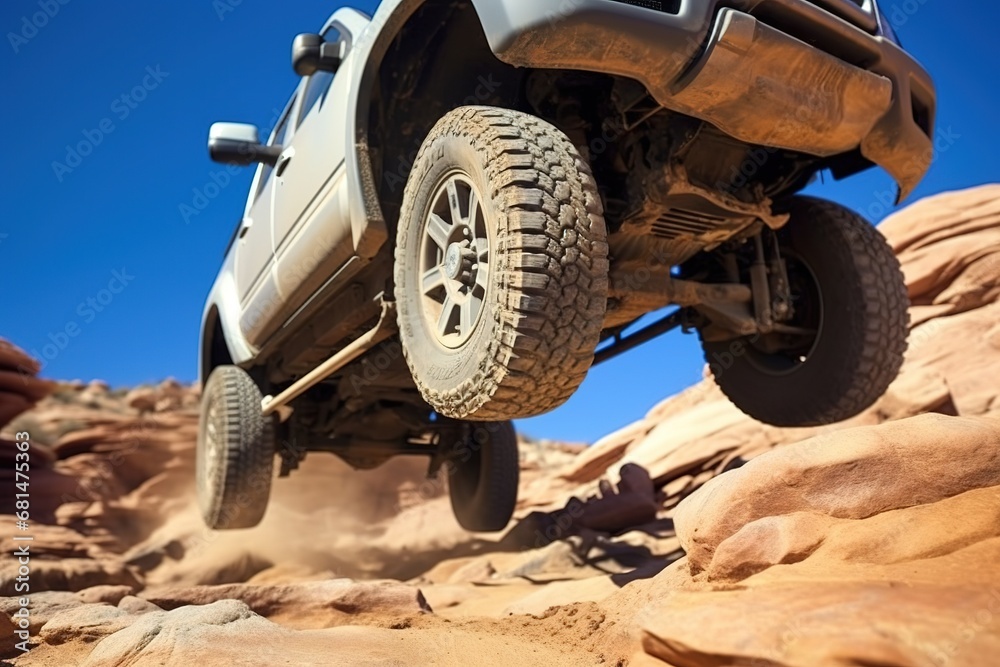 Fototapeta premium 4x4 offroad vehicle jump in the dirt desert. showing a coil spring, suspension, tires and wheel