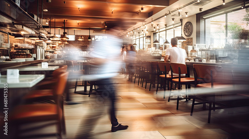 Blurred customers walking fast movement in coffee shop or cafe restaurant, light cream, Blurred restaurant background with some people and chefs and waiters working