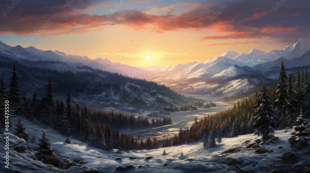 Obraz premium Western sunset over a peaceful snow-covered landscape AI generated illustration