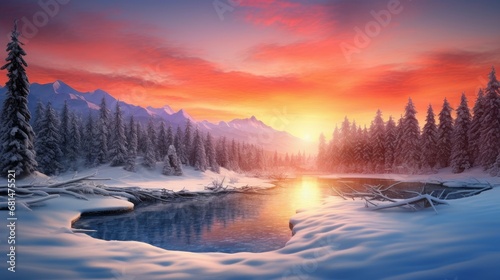 Western sunset over a peaceful snow-covered landscape  AI generated illustration © ArtStage