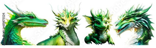 Set of green dragon head close up isolated on PNG background.Fantasy style.Generative AI. © Alena