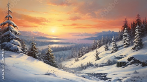 Western sunset over a peaceful snow-covered landscape  AI generated illustration