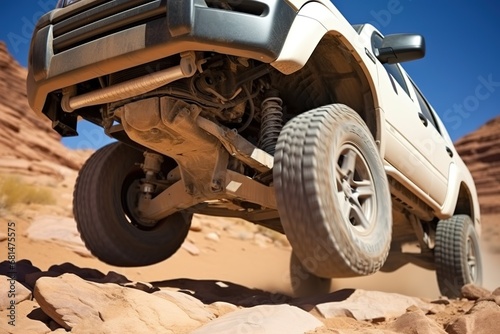 Extreme 4x4 off road vehicle jumping out of a desert trail off-road racing.