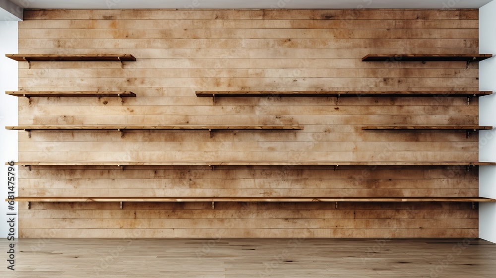 White walls with wooden shelves in an empty shop AI generated illustration White walls with wooden shelves in an empty shop AI generated illustration
