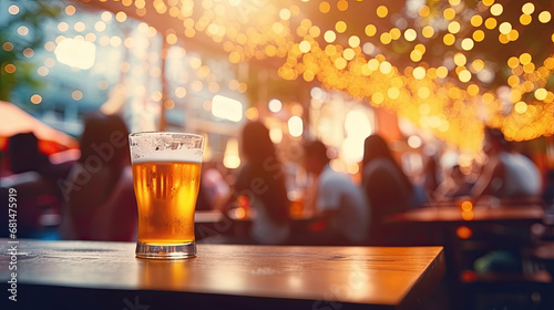 Bokeh background of Street Bar beer restaurant, outdoor in asia, People sit chill out and hang out dinner and listen to music together in Avenue photo