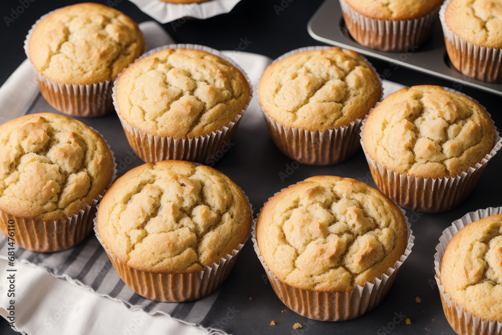 Homemade muffins with cinnamon and almonds on a black background. Generative AI Homemade muffins with cinnamon and almonds on a black background. Generative AI