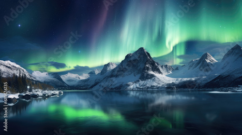 Amazing view of northen lights in Norway. Beutiful sky and reflection. Breathing mountain view in winter. AI generated image