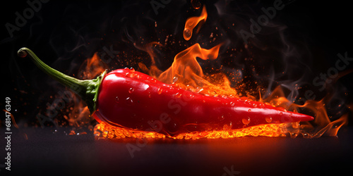 hot chilli, Red hot pepper in flames on a dark background. Fresh red chilli pepper in fire as a symbol of burning feeling of spicy food and spices. A red pepper is burning on a fire, generative ai