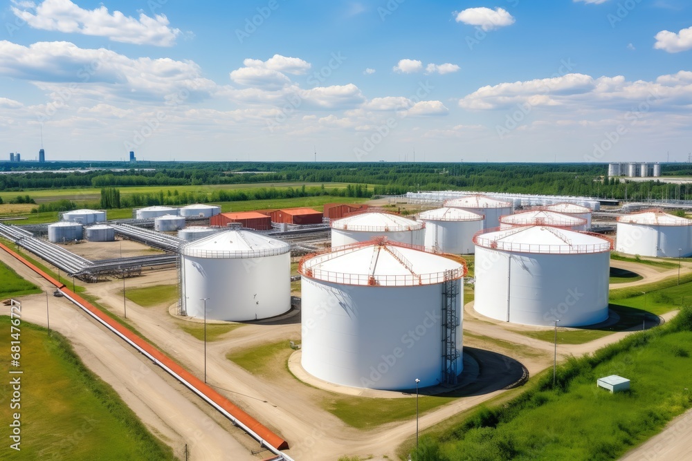 Tank farm with rows of oil storage tanks. Tank farm with rows of oil storage tanks.