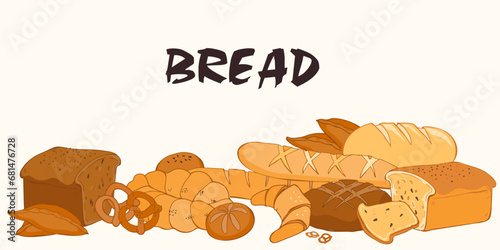Bread and bakery production banner, hand drawn vector illustration isolated on white background. Banner for bakery and bread packs.