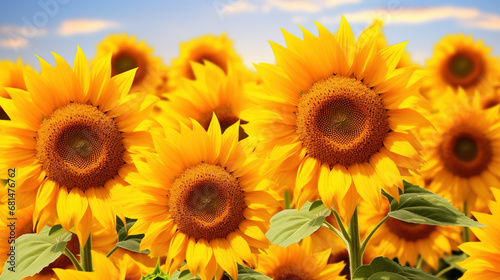 Background of sunflowers in a yellow field on a sunny day