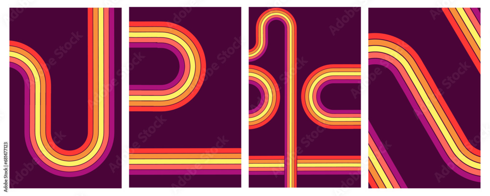 retrofuturism poster design in trend retro line style and neon colors on black dark background. modern art wall poster retro vintage 70s style stripes background template lines shapes vector design retrofuturism poster design in trend retro line style and neon colors on black dark background. modern art wall poster retro vintage 70s style stripes background template lines shapes vector design