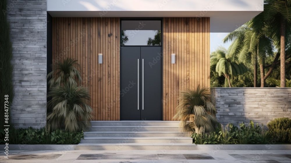 Modern entrance door by wooden, which makes the house really elegant and homely right from the start. Generative AI Technology 