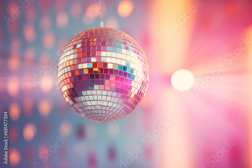 Shyny pastel disco ball with pastel lights in background. Party concept.