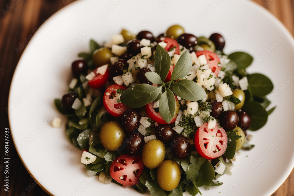 Fresh salad with green olives, feta cheese and cherry tomatoes in a bowl. Healthy salad. Generative AI