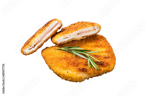 Schnitzel Cordon bleu fillet cutlet with ham and cheese.  Transparent background. Isolated. photo