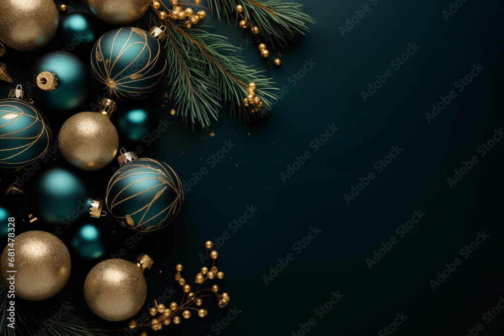 Christmas background with Christmas tree baubles and gifts, blank space for text, black background, Christmas graphics