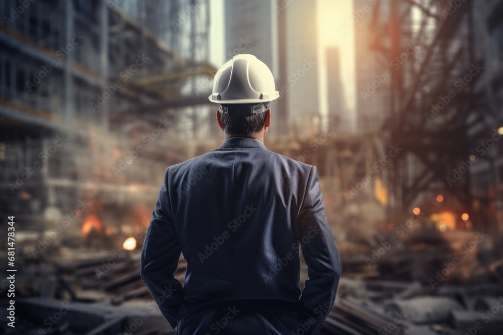 Worker engineer stands against the background of a construction. Building. Worker engineer stands against the background of a construction. Building.