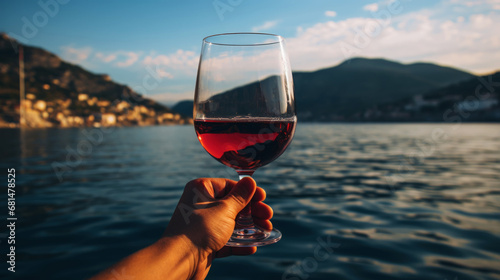 Close-up of a glass of red wine in a hand against of sea sunset backdrop. Romantic trip concept. Generative AI