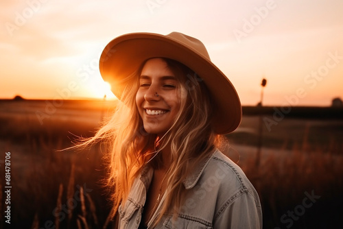  happy, laughing, beautiful finnish woman standing against the backdrop of an sunset, modern, light