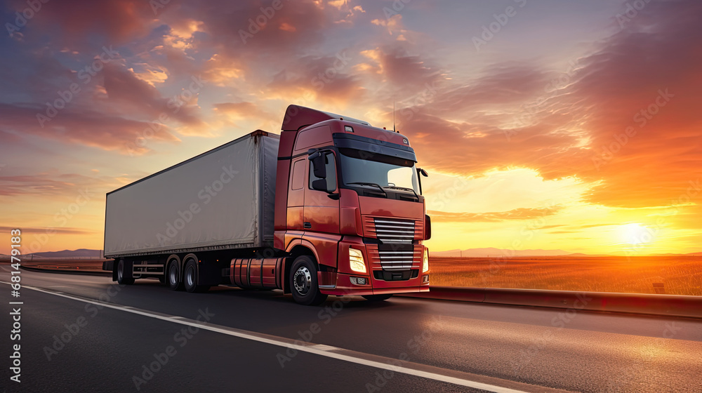 Container Truck in Logistics Import-Export and Cargo Transportation Industry Running on Highway at Sunset