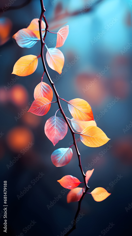 A close up shot of many colorful leaves on a branch, in the style of light bronze and autumn color - Mobile Wallpaper - Generated by AI
