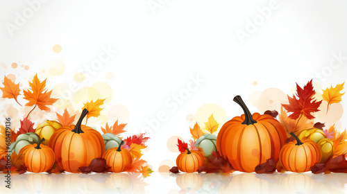 A wooden table is isolated on a white background and is filled with pumpkins  autumn fruits  vegetables  