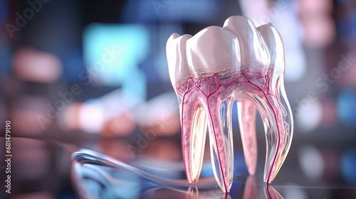 Translucent tooth with visible pulp, vessels and nerves against vibrant abstract backdrop intricate complexity of dental anatomy, maintaining robust tooth roots and vital pulp for oral well being