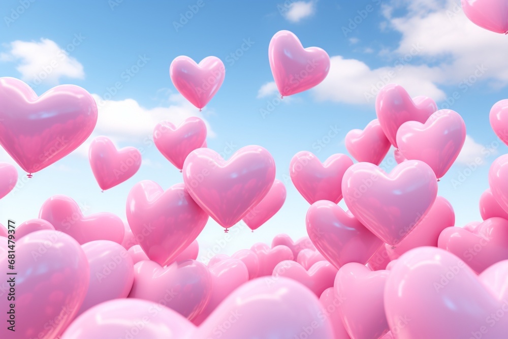 Pink balloon hearts on the purple sky, valentine day card invitation