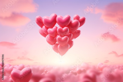Pink balloon hearts on the purple sky, valentine day card invitation