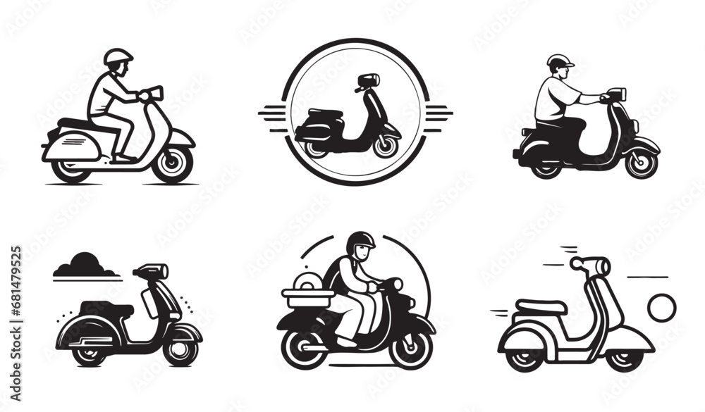 Employee riding delivery bike hand drawn outline doodle icon. Motorbike and business, courier, scooter concept. Vector sketch illustration for print, web, mobile and infographics on white background.