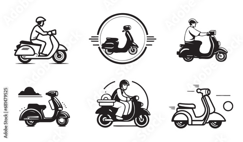 Employee riding delivery bike hand drawn outline doodle icon. Motorbike and business, courier, scooter concept. Vector sketch illustration for print, web, mobile and infographics on white background.