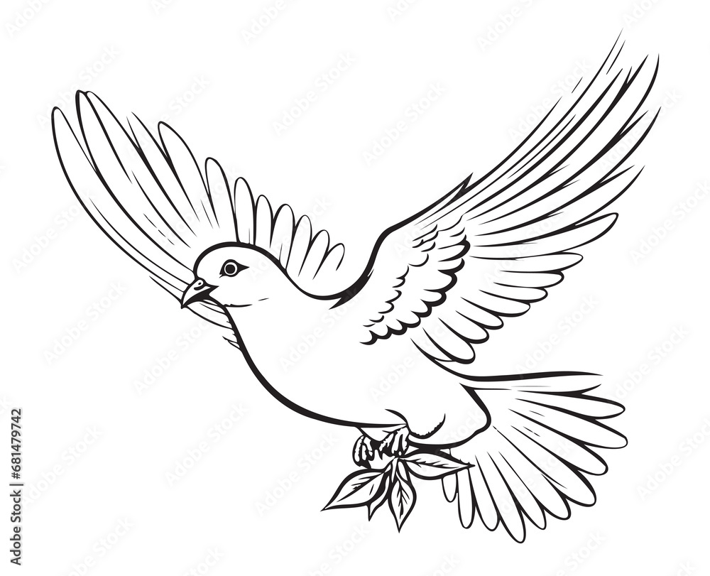 Flying dove, pigeon. Realistic ink sketch of wild bird. Hand drawn vector illustration in vintage, engraving style. Black contour element isolated on white, for design, print, card, decor, tattoo etc.