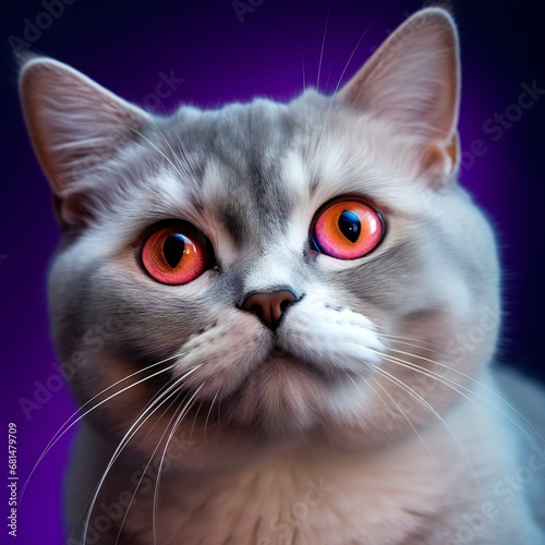short-haired cat's portrait with cyano and magenta lights. Different poses and expressions of a cat in colorful bright neon lights blue and red.