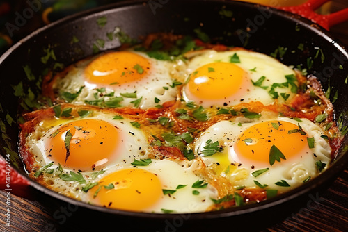 Fried eggs cooked with spices and herbs in a pan. Delicious hot dish, close-up