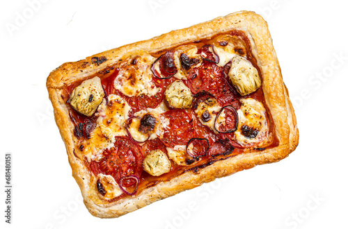 Homemade puff pastry pizza with salami, mozzarella, tomatoes and cheese Transparent background. Isolated.