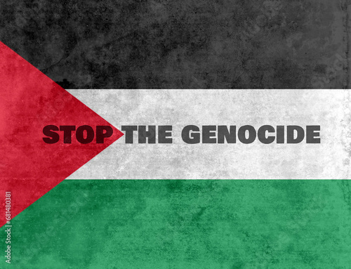 Fotografie Damaged grunge flag of Palestine,with text Stop the genocide