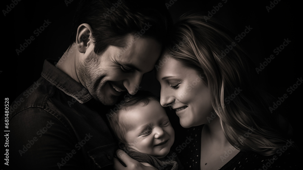 Family Portrait: A beautifully composed family portrait with parents holding their baby, creating a heartwarming and timeless image