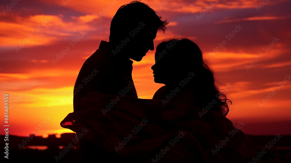 Cuddling at Sunset: A silhouette of a parent and baby cuddling against the backdrop of a colorful sunset, creating a visually stunning and emotional scene
