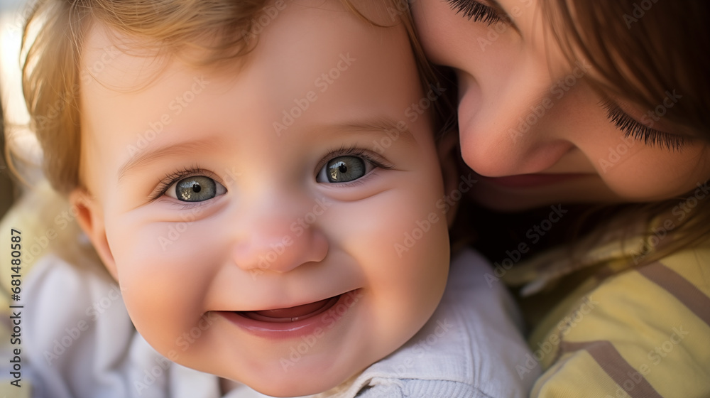 Innocent Smiles: A close-up of a baby smiling in the arms of their parent, capturing the innocence and sweetness of early childhood Innocent Smiles: A close-up of a baby smiling in the arms of their parent, capturing the innocence and sweetness of early childhood