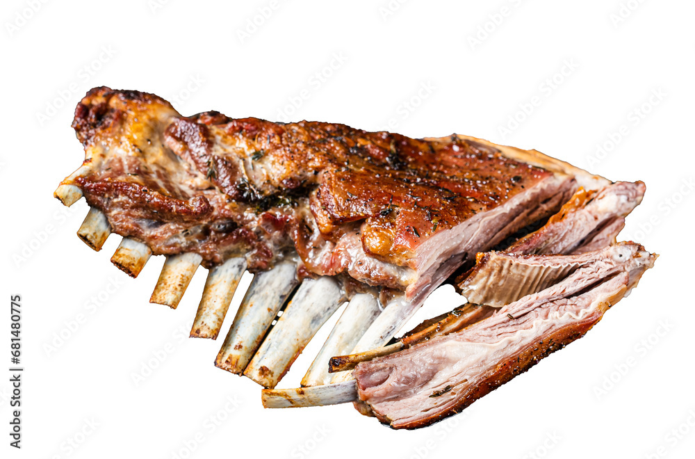 Roasted Rack of lamb ribs, mutton spareribs, sliced meat on plate.  Transparent background. Isolated.