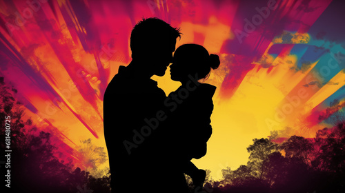 Artistic Silhouette: A creatively composed silhouette of a parent and baby in arms against a vibrant background, adding an artistic flair to the scene